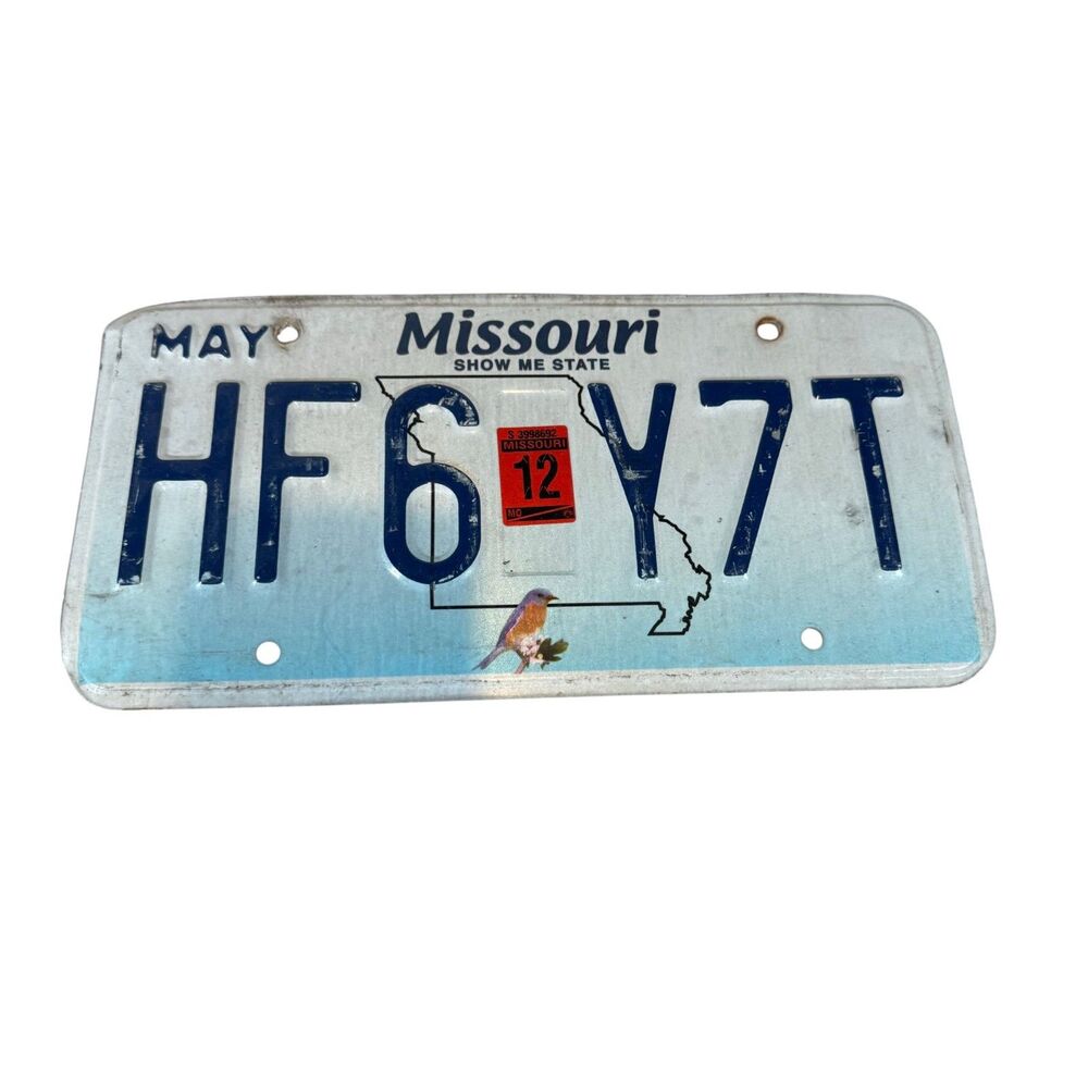 Missouri License Plate May 2012 "HF6 Y7T" Man Cave Decor Show Me State MO Blue